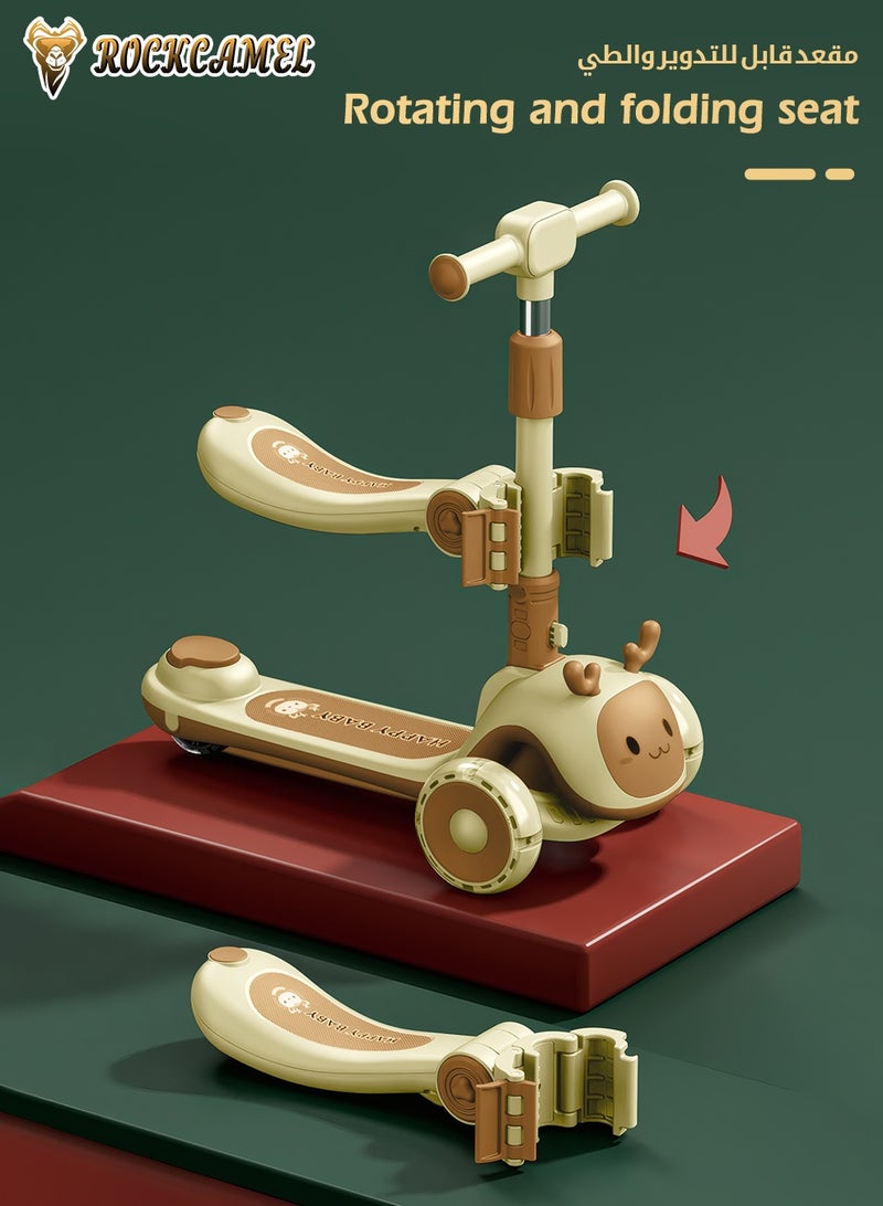 ROCKCAMEL 2 in 1 Kids Kick Scooter, Foldable Scooter with LED Lighted Wheels and 4-Level Adjustable Height Handlebars, Widen Anti-Slip Deck, Sensitive Brakes, Kids Toys for Boys & Girls Ages 1-12, Khaki - Image 4